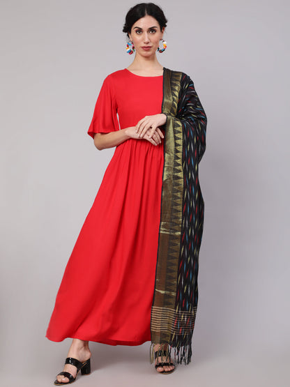 Women's Red Maxi Dress With Ikat Print Dupatta