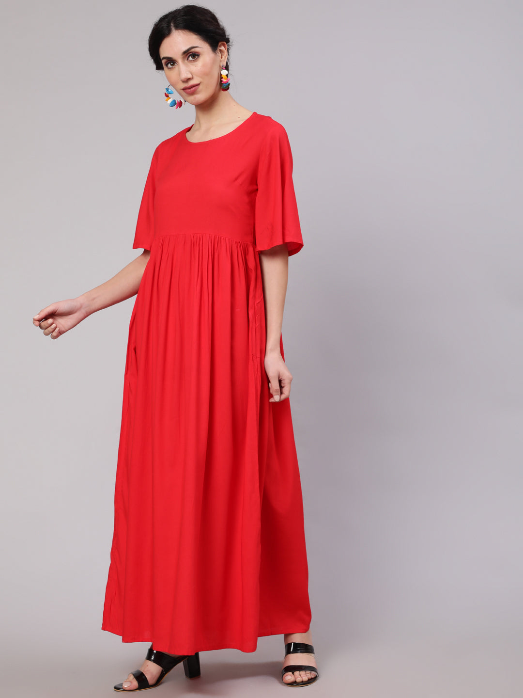 Women's Red Maxi Dress With Ikat Print Dupatta