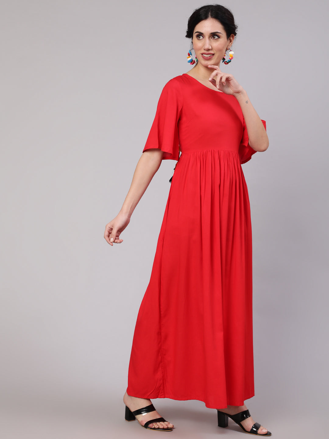Women's Red Maxi Dress With Ikat Print Dupatta