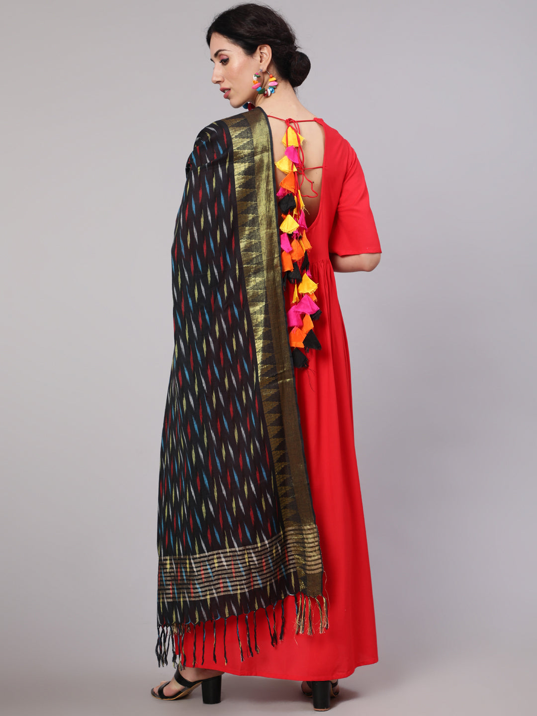 Women's Red Maxi Dress With Ikat Print Dupatta