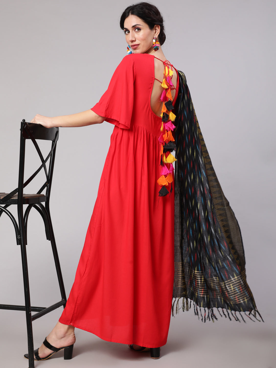 Women's Red Maxi Dress With Ikat Print Dupatta