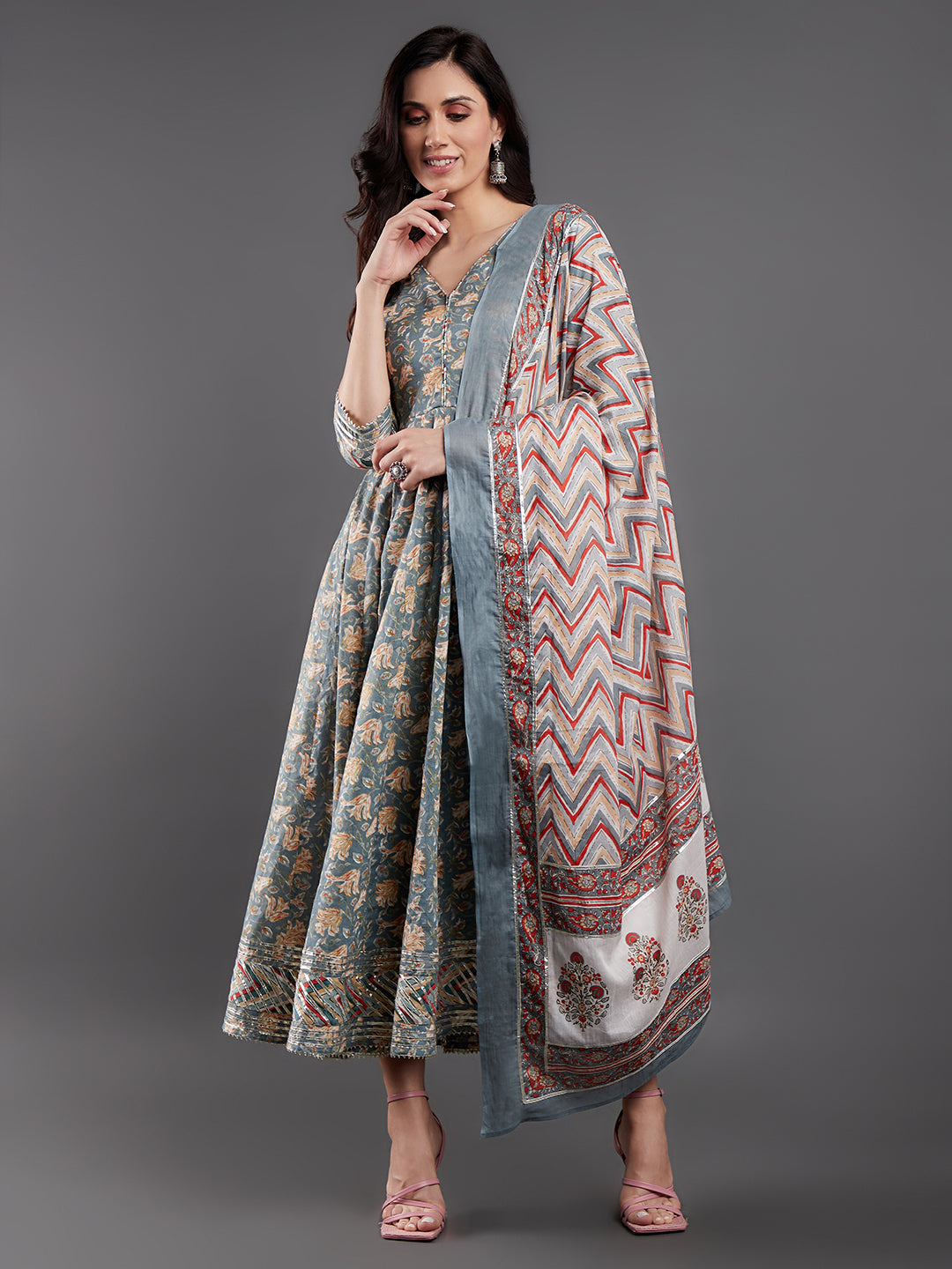 Women's Grey Floral Printed Maxi Dress With Dupatta