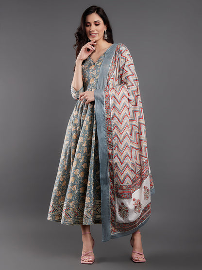 Women's Grey Floral Printed Maxi Dress With Dupatta