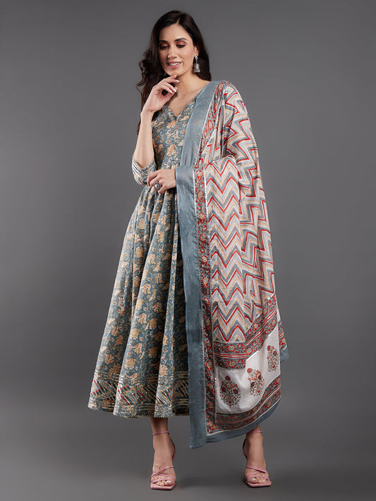 Women's Grey Floral Printed Maxi Dress With Dupatta