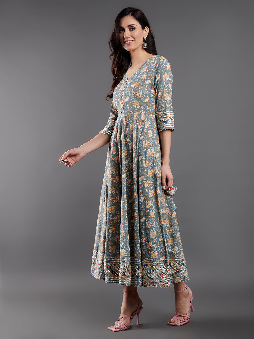 Women's Grey Floral Printed Maxi Dress With Dupatta