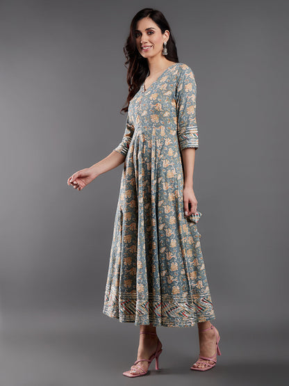 Women's Grey Floral Printed Maxi Dress With Dupatta