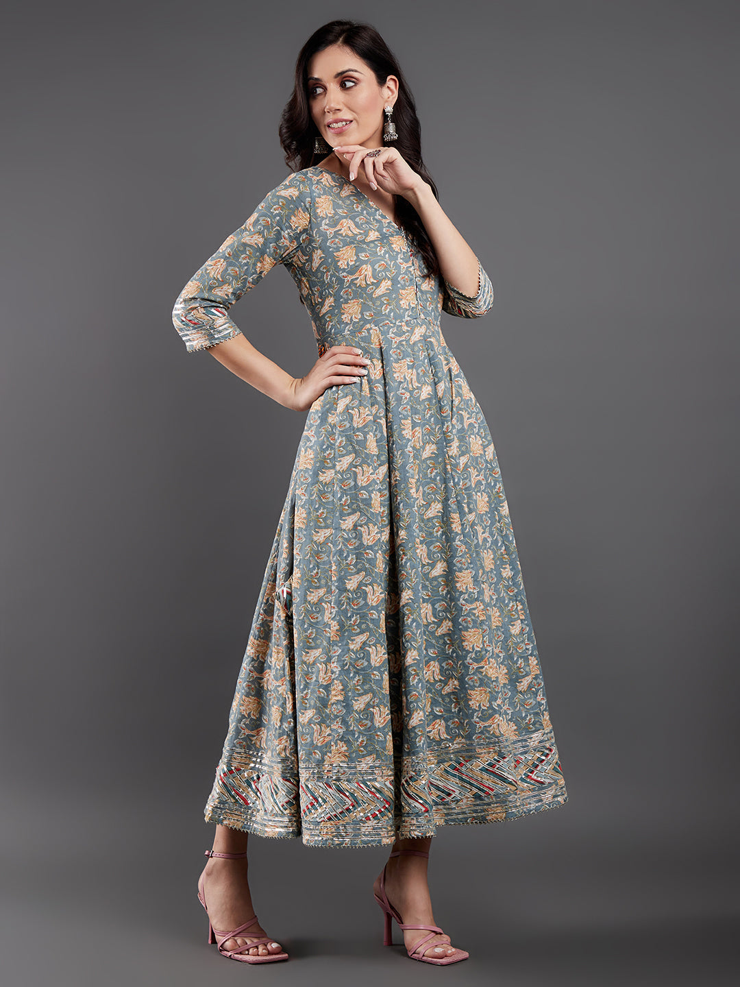 Women's Grey Floral Printed Maxi Dress With Dupatta