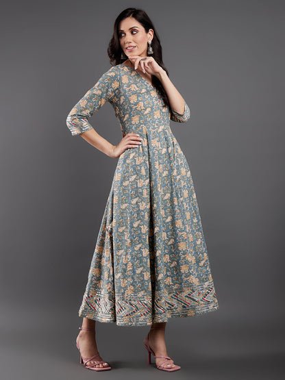 Women's Grey Floral Printed Maxi Dress With Dupatta