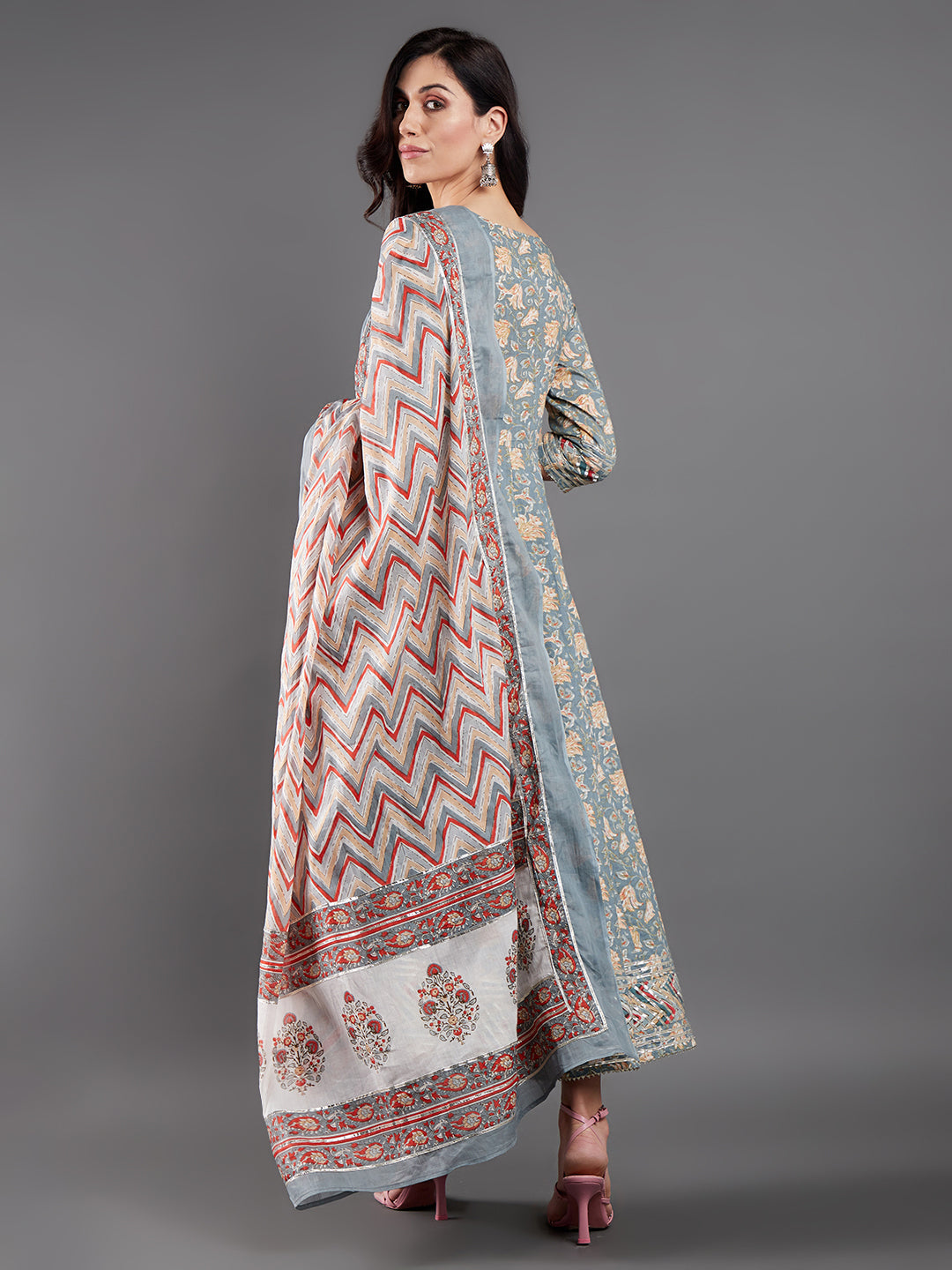 Women's Grey Floral Printed Maxi Dress With Dupatta