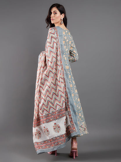Women's Grey Floral Printed Maxi Dress With Dupatta
