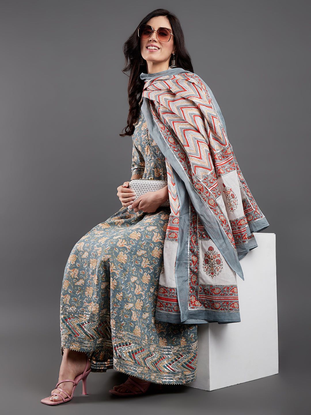 Women's Grey Floral Printed Maxi Dress With Dupatta