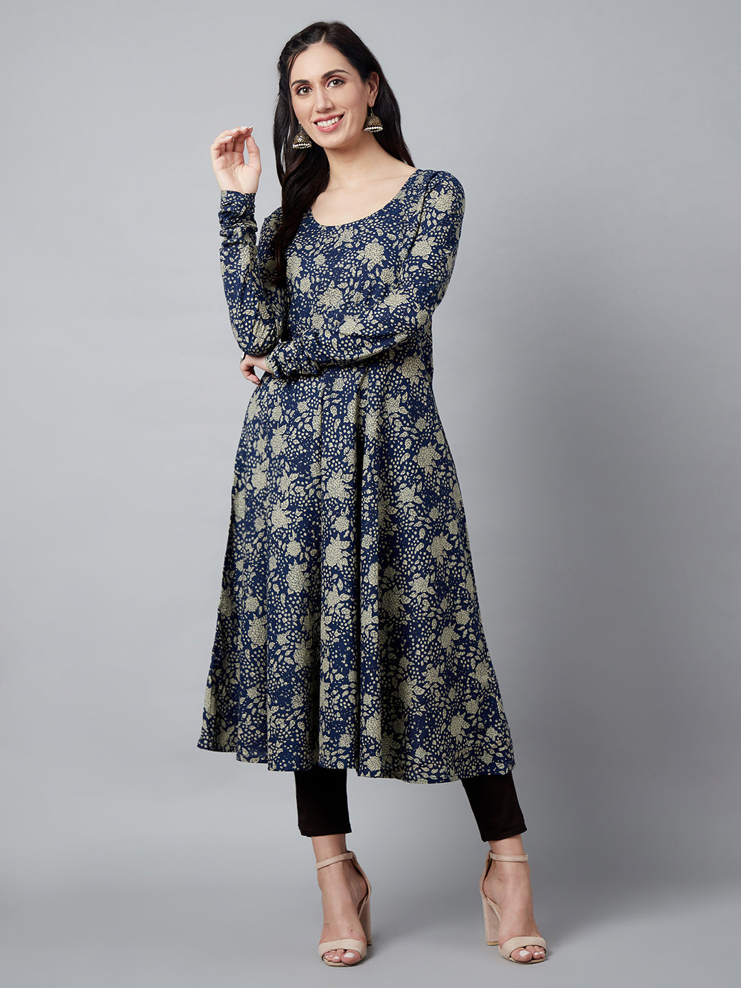 Women's Navy Blue Floral Print Flared Anarkali