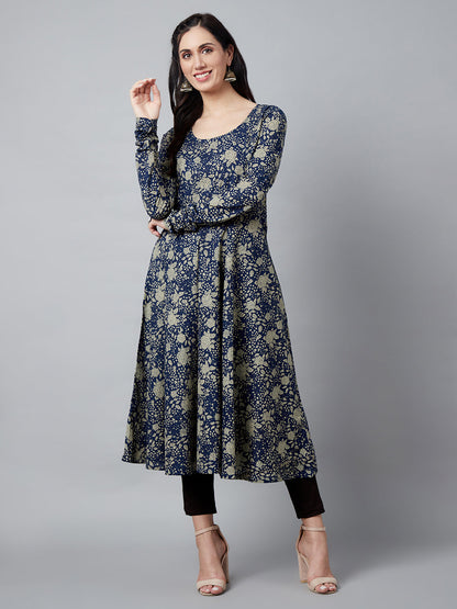 Women's Navy Blue Floral Print Flared Anarkali