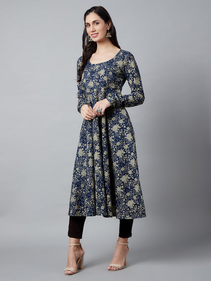 Women's Navy Blue Floral Print Flared Anarkali