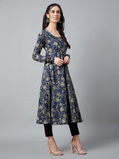 Women's Navy Blue Floral Print Flared Anarkali