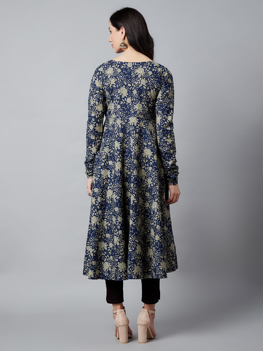 Women's Navy Blue Floral Print Flared Anarkali