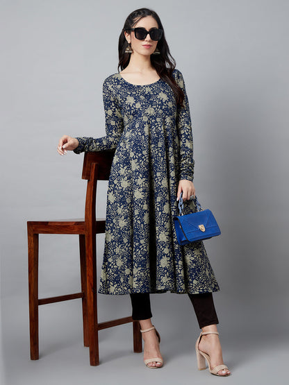Women's Navy Blue Floral Print Flared Anarkali