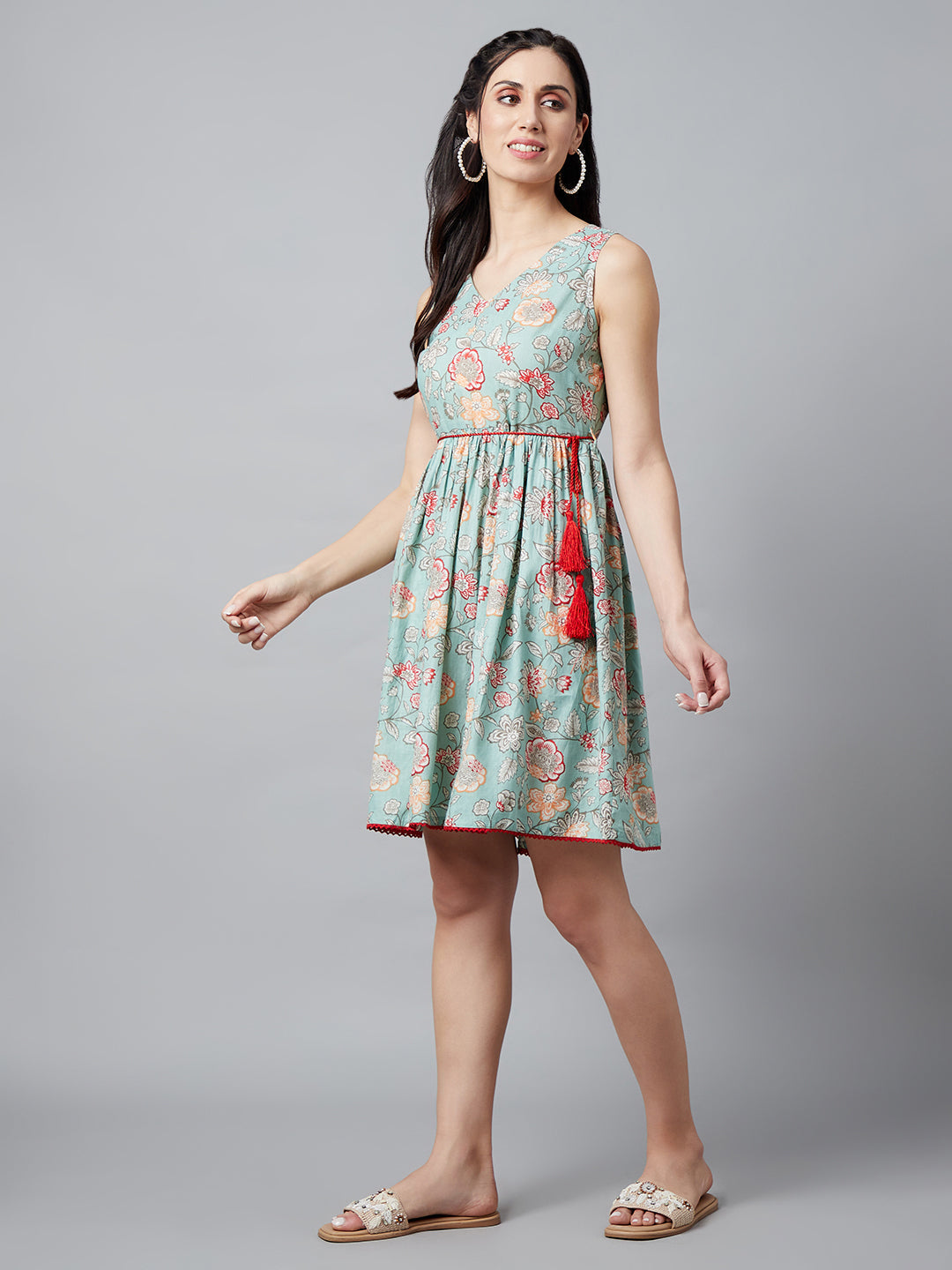 Women's Pastel Green Floral Print Dress