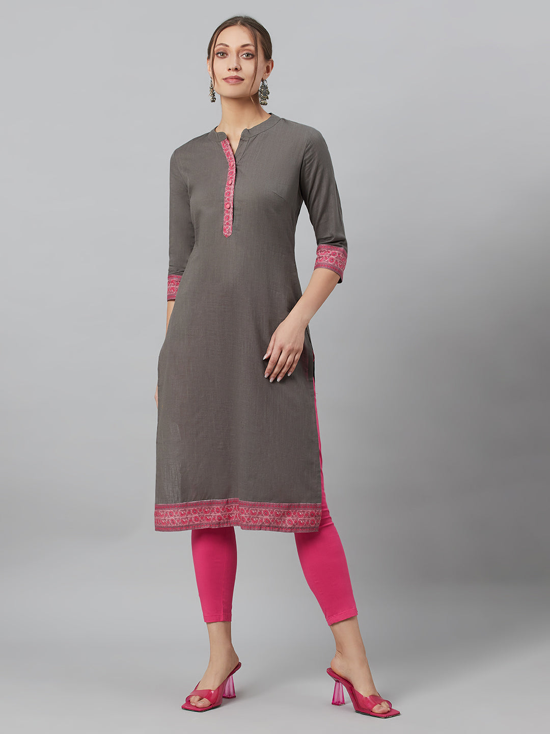 Women's Grey Kurta With Border Details