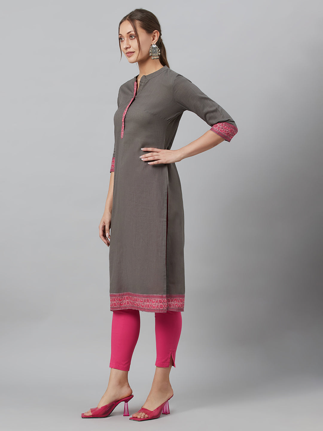 Women's Grey Kurta With Border Details
