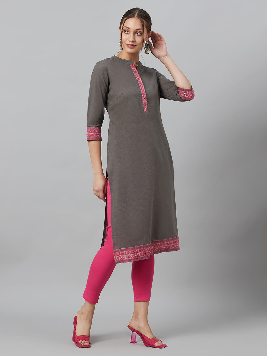 Women's Grey Kurta With Border Details