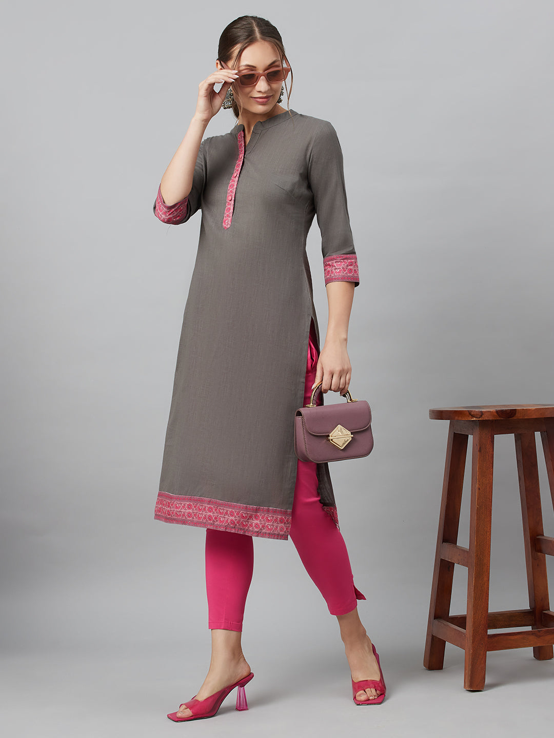 Women's Grey Kurta With Border Details
