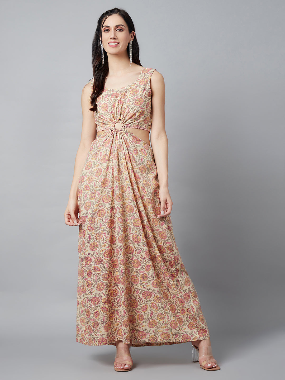 Women's Cream Floral Print Cut-out Dress