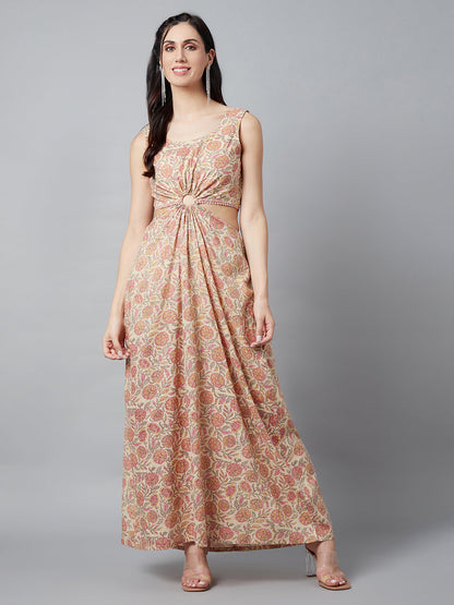 Women's Cream Floral Print Cut-out Dress