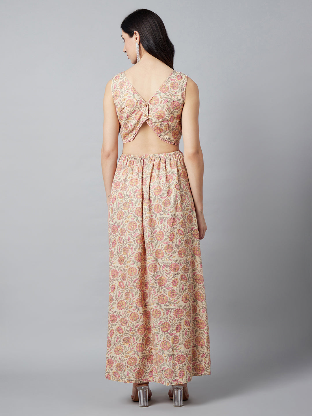 Women's Cream Floral Print Cut-out Dress