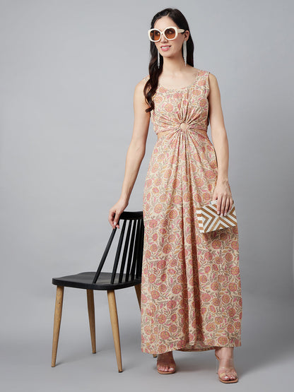 Women's Cream Floral Print Cut-out Dress