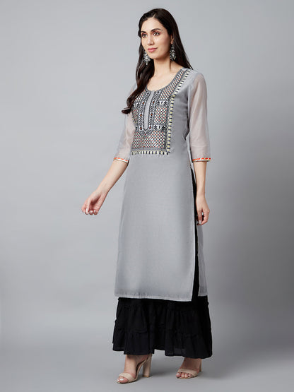 Women's Grey Embroidered Kurta