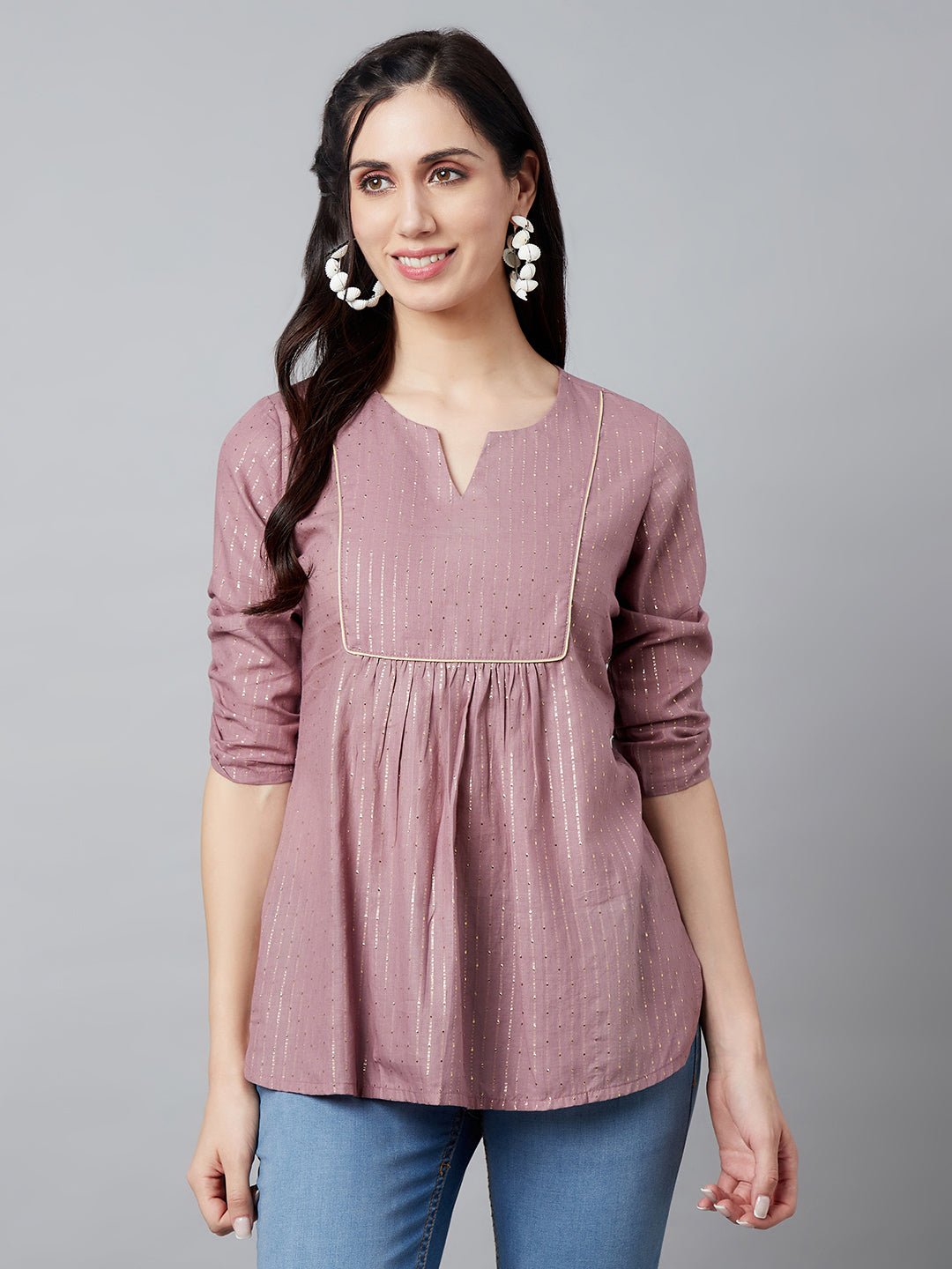 Women's Brown Tunic With Ruching Sleeve