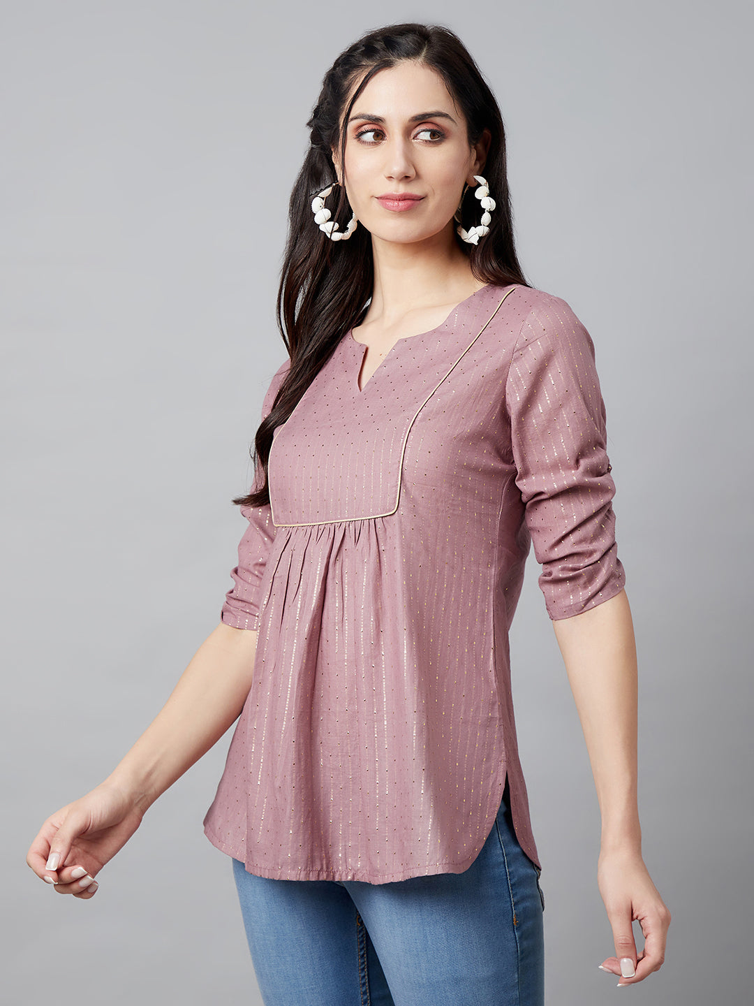Women's Brown Tunic With Ruching Sleeve