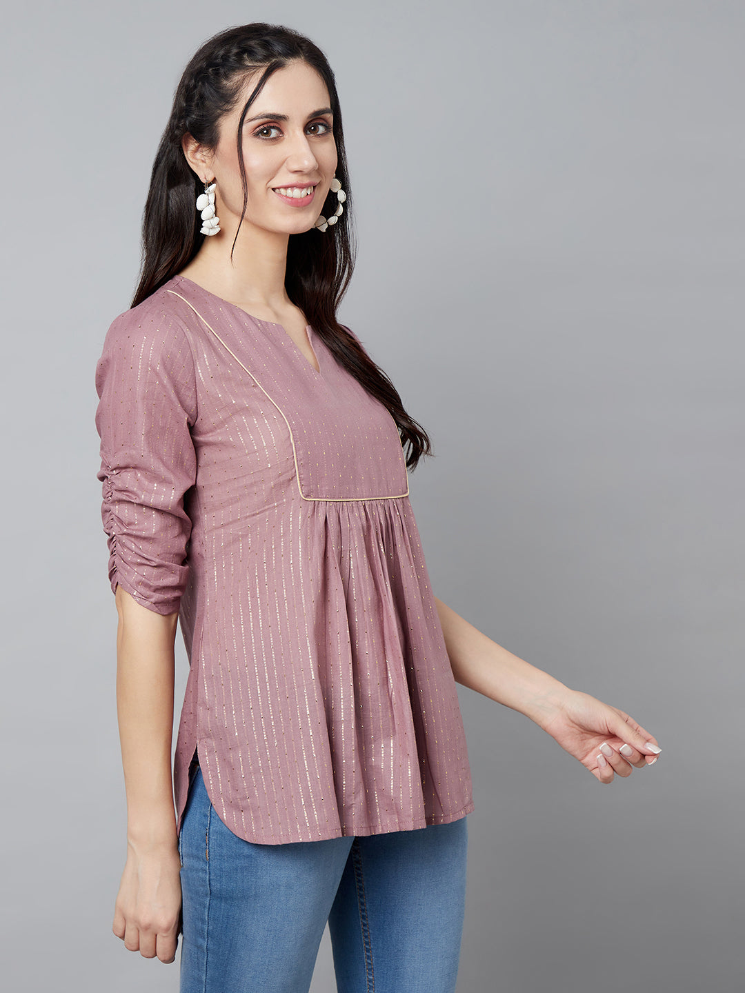 Women's Brown Tunic With Ruching Sleeve