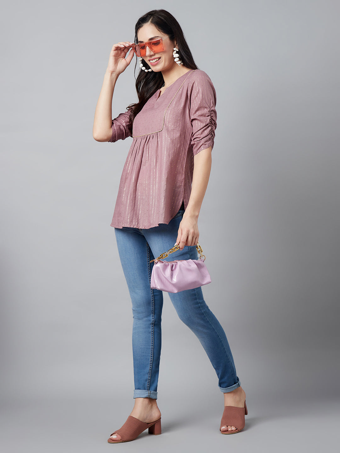 Women's Brown Tunic With Ruching Sleeve