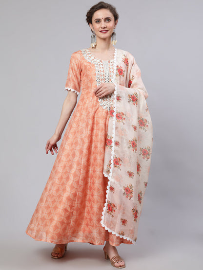 Women's Peach Printed Maxi Dress With Dupatta