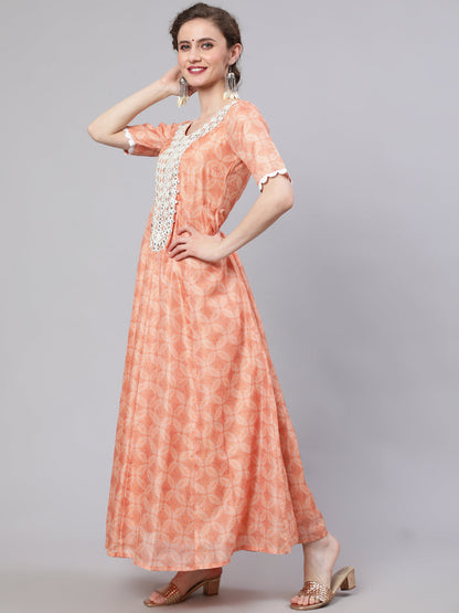Women's Peach Printed Maxi Dress With Dupatta