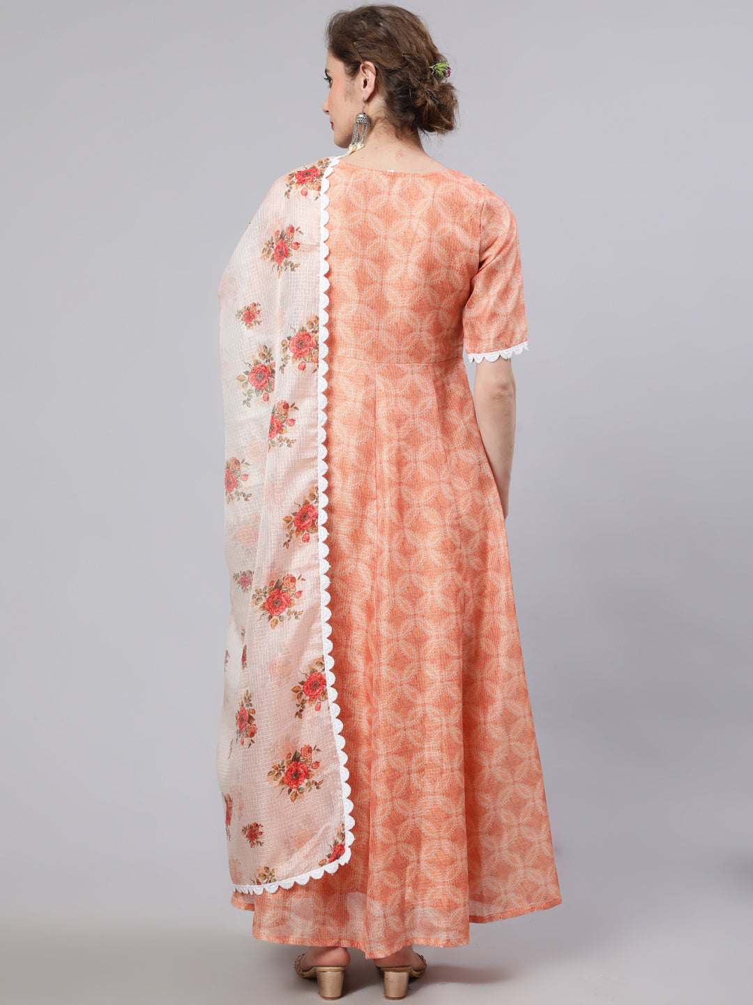 Women's Peach Printed Maxi Dress With Dupatta