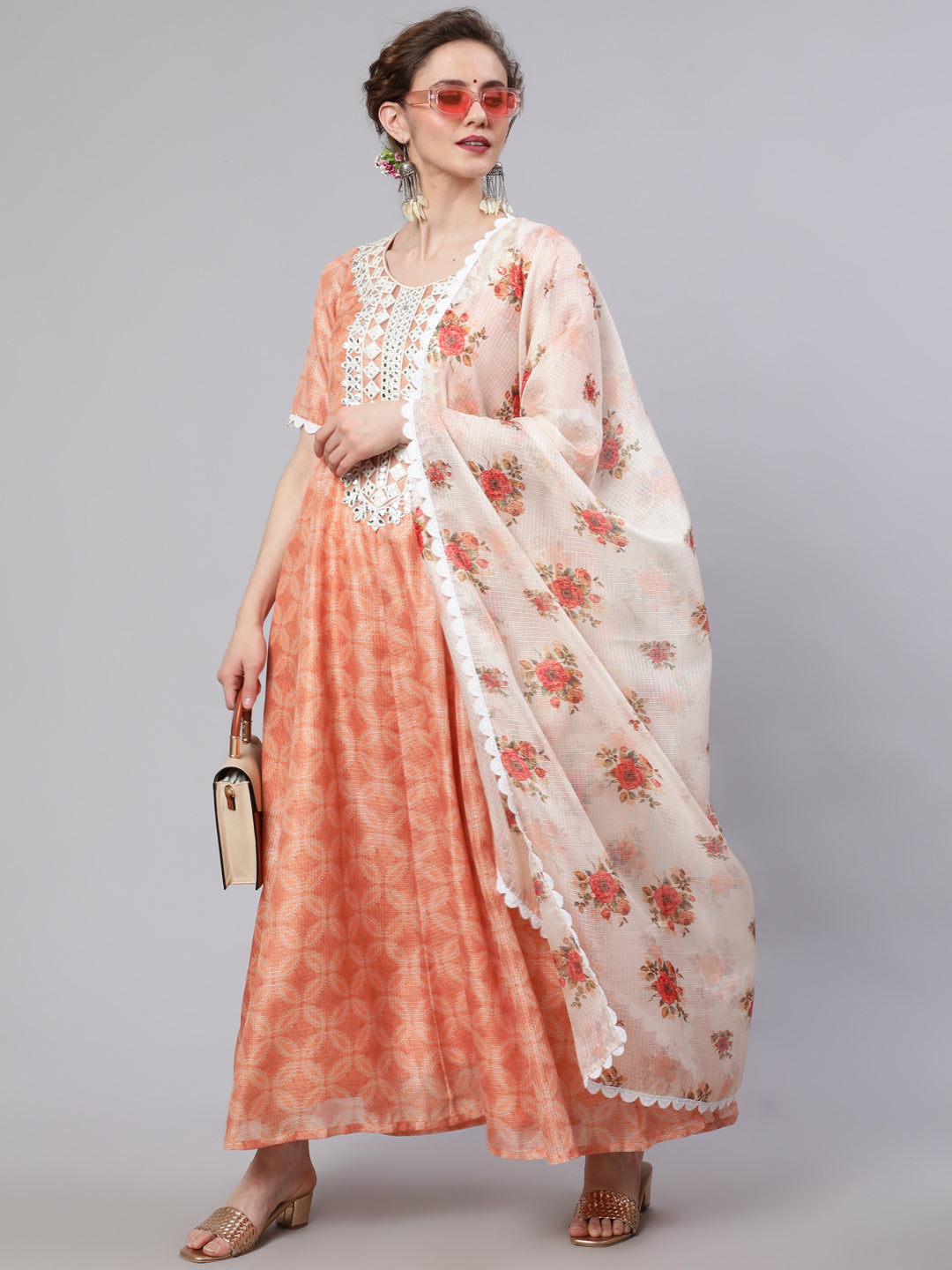 Women's Peach Printed Maxi Dress With Dupatta