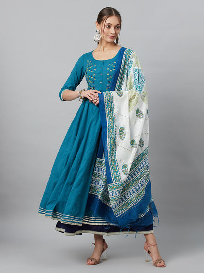 Women's Indigo & Blue Cotton Embroidered Layered Maxi with Dupatta