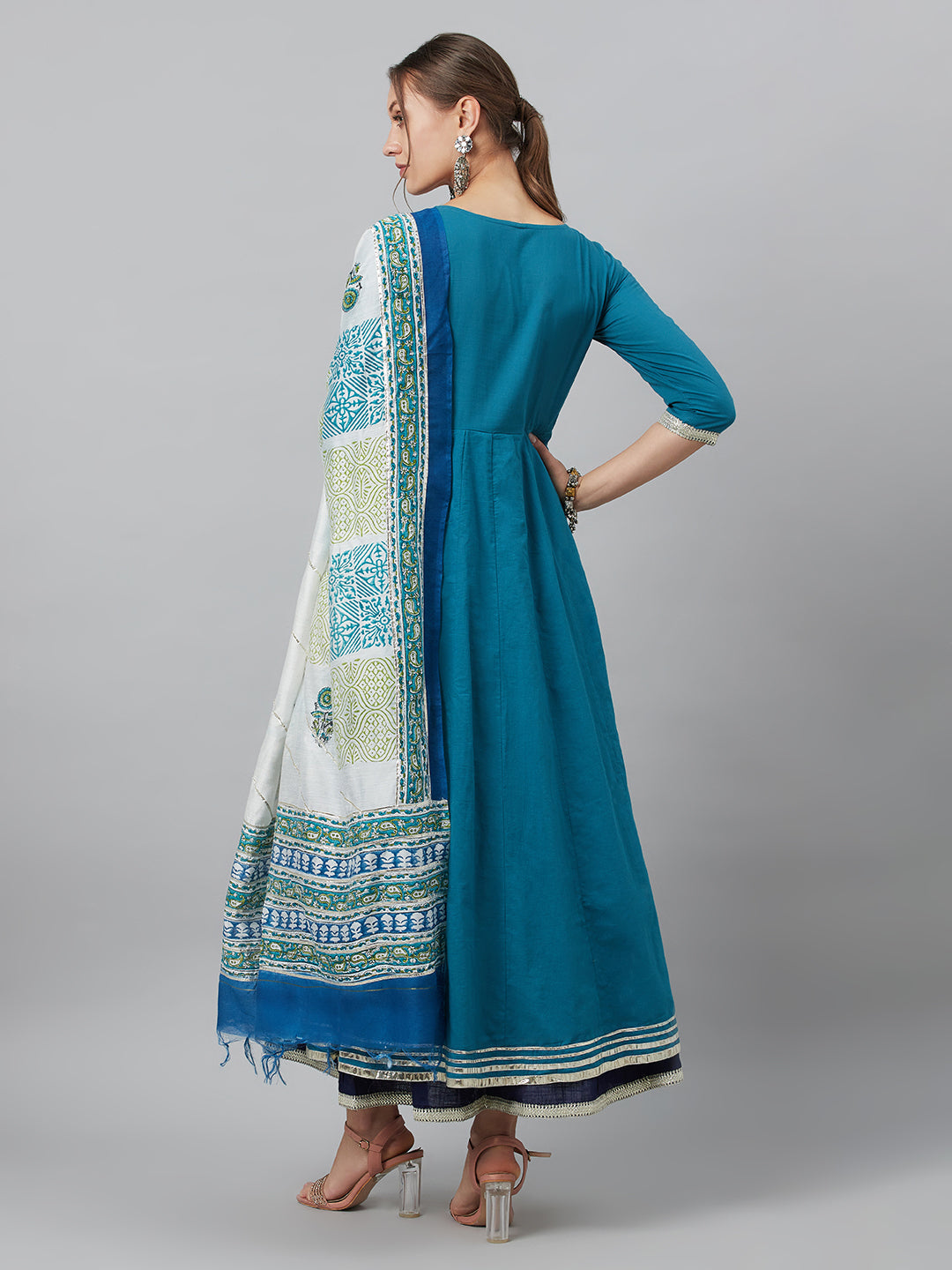 Women's Indigo & Blue Cotton Embroidered Layered Maxi with Dupatta