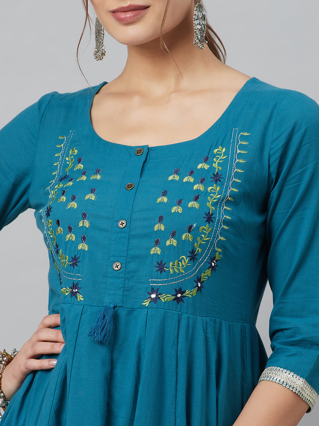 Women's Indigo & Blue Cotton Embroidered Layered Maxi with Dupatta