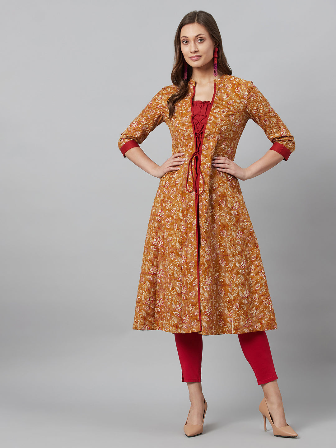Women's Mustard Floral Print Kantha Work A-Line Jacket