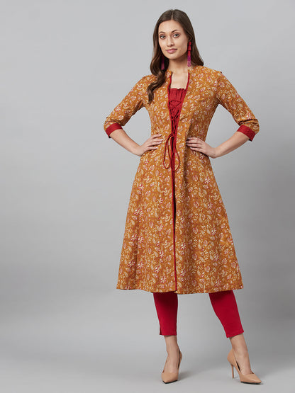 Women's Mustard Floral Print Kantha Work A-Line Jacket