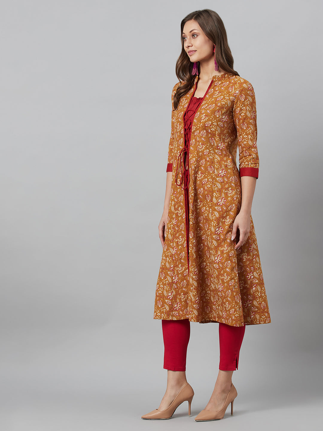 Women's Mustard Floral Print Kantha Work A-Line Jacket