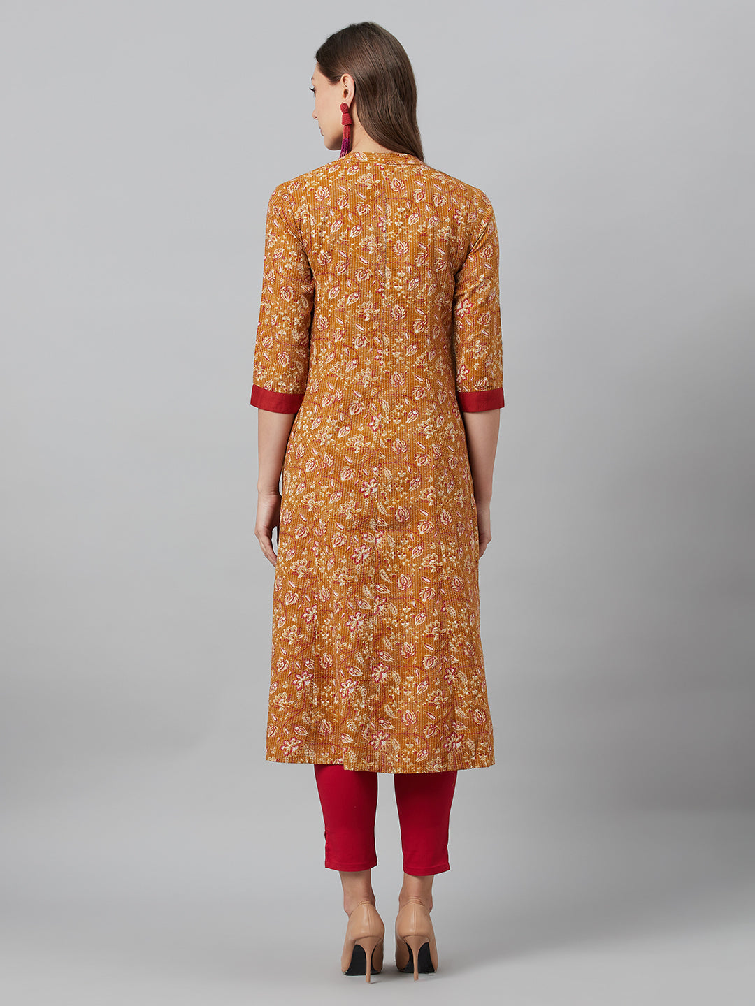 Women's Mustard Floral Print Kantha Work A-Line Jacket
