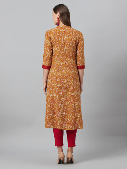Women's Mustard Floral Print Kantha Work A-Line Jacket