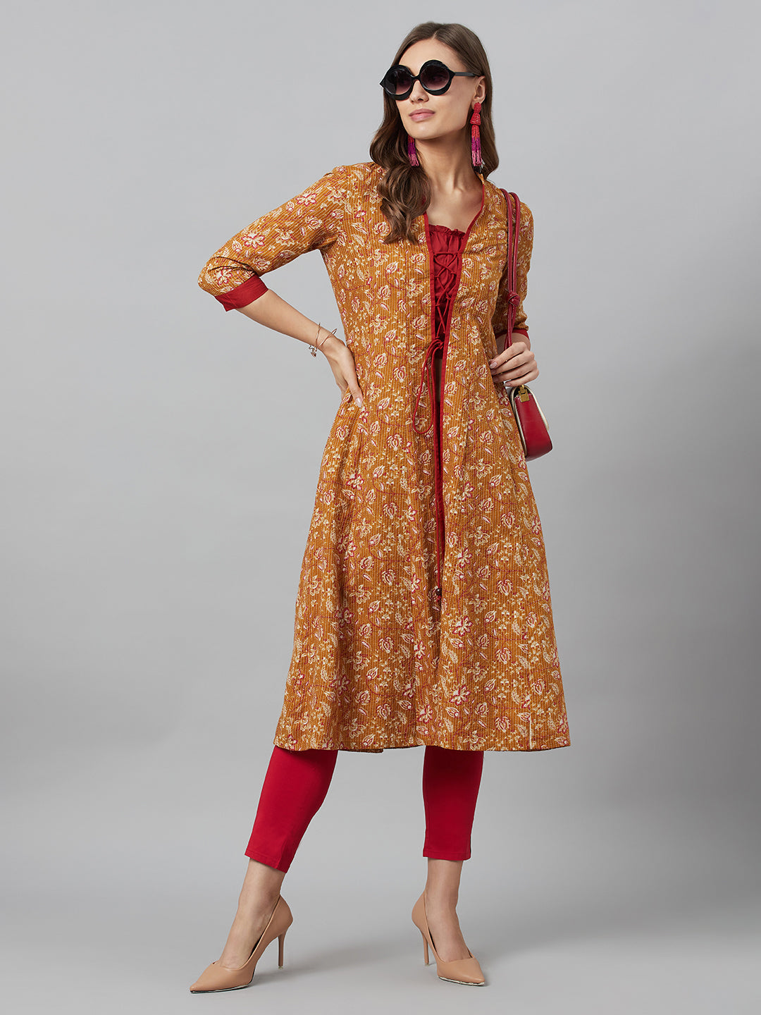 Women's Mustard Floral Print Kantha Work A-Line Jacket