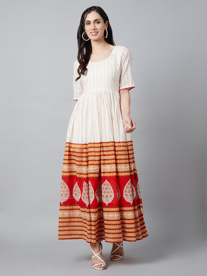 Women's White Printed Gathered Maxi Dress