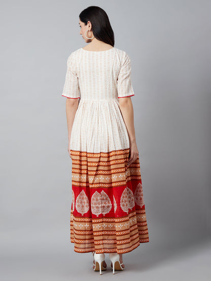 Women's White Printed Gathered Maxi Dress